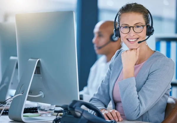 Call Center Agent Telemarketing Employee Customer Service Worker Happy Smiling — Fotografia de Stock