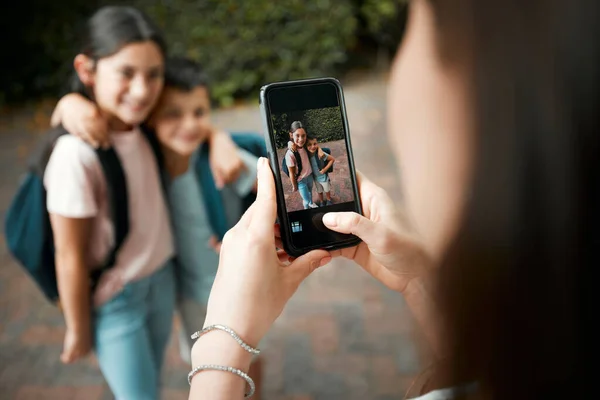 Children First Day School Mother Taking Photos Phone Her Cute — Photo