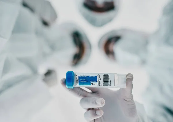 Healthcare Scientists Holding Vaccine Test Tube Medical Treatment While Doing — 스톡 사진