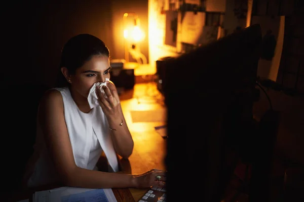 Cant Afford Sick Young Businesswoman Blowing Her Nose While Working — Stok fotoğraf