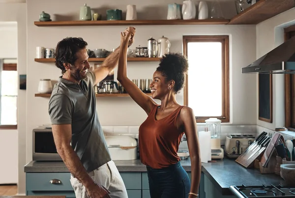 Happy Love Dancing While Interracial Couple Have Fun Enjoying Time — Stockfoto