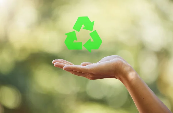 Hand Closeup Recycle Sign Isolated Bokeh Effect Background Zero Waste — Stockfoto