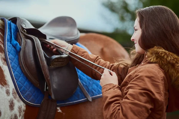 Life Better Pony Teenage Girl Preparing Ride Her Pony Farm — Stock Photo, Image