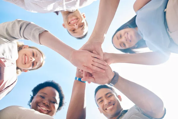 Group Friends Hands Stacked Success Unity Teamwork Collaboration Outdoors Bonding — Foto de Stock