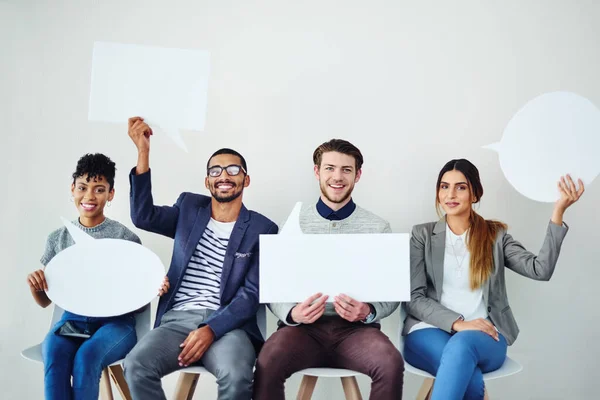 Putting Our Thoughts Out Diverse Group Creative Employees Holding Speech — Stockfoto