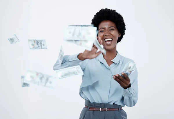 Spending money, celebrating finance and investment growth or savings, wealth and budget development. Portrait of excited and motivated woman throwing bank cash, notes and currency after lottery win.