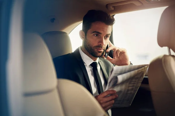 Checking Numbers Going Work Confident Young Businessman Talking His Phone — Fotografia de Stock