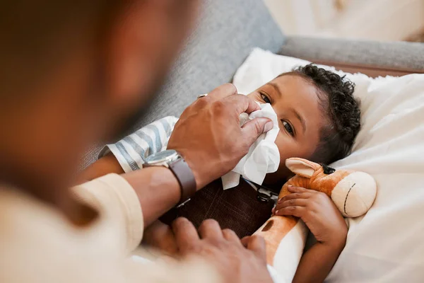 Sick Ill Unwell Little Boy Suffering Cold Flu Covid Lying — Stok fotoğraf