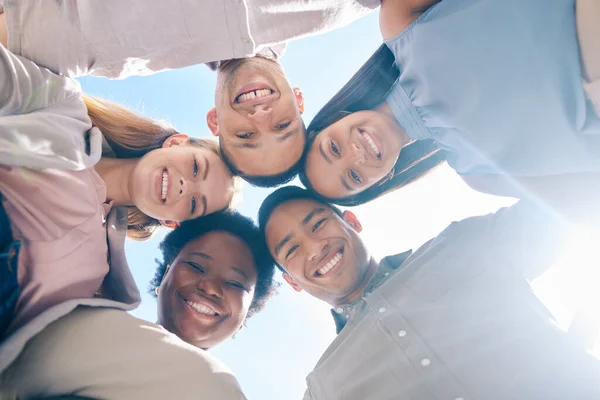 Diverse Group Friends Huddle Together Showing Unity Trust Support Outdoors — ストック写真