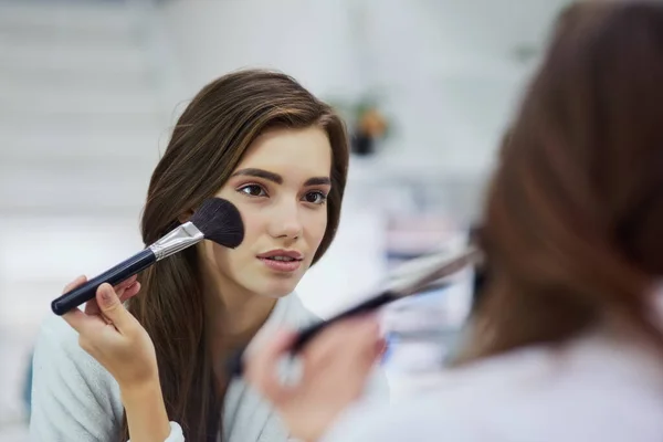 Almost Done Attractive Young Woman Looking Mirror While Applying Makeup — Stockfoto