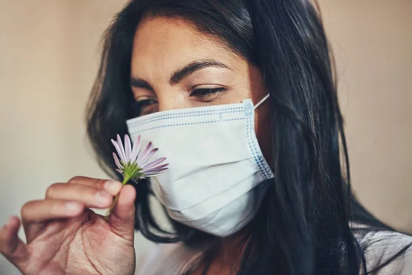 Its Closest Ill Get Smelling Flowers Young Woman Wearing Protective — Fotografia de Stock