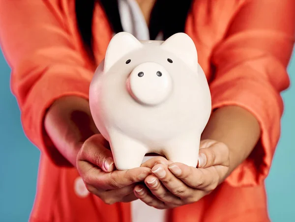 Closeup Hands Holding Piggy Bank Her Savings Financial Investments Stylish — Foto de Stock