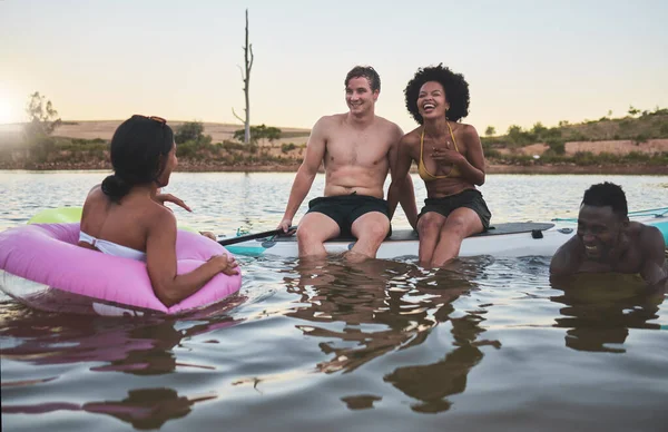 Laughing Friends Swimming Playful Bonding Summer Break Pool Inflatable Tube — Foto Stock