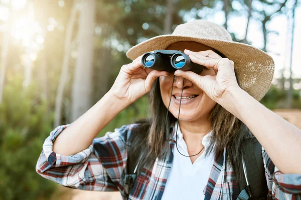 Female Tourist Hiking Looking Binoculars Wild Birds Trees Happy Carefree — Stockfoto