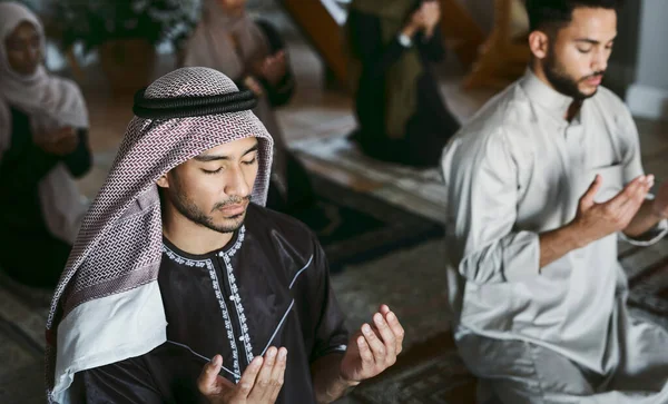 Religion Arabic Muslim Family Praying Kneeling Worshipping Together Islamic Mosque —  Fotos de Stock