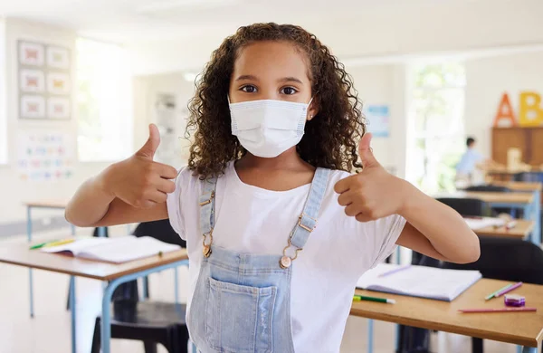 Thumbs Education Covid School Student Pleased Learning Wearing Mask Showing — Photo