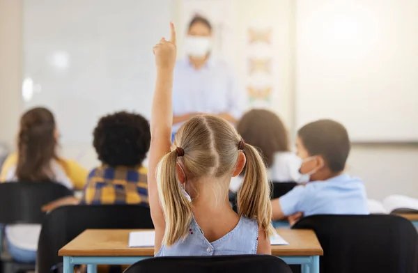 Learning Smart Little Girl Class Holding Hand Answer Question School — Fotografia de Stock