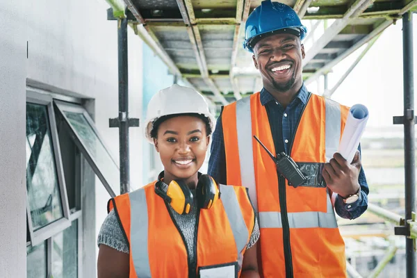 Happy Proud African American Engineers Construction Site Planning Building Together — Stock Fotó