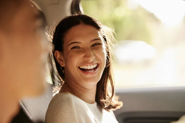 Happy Cheerful Laughing Woman Enjoying Road Trip Holiday Vacation Her — Fotografia de Stock