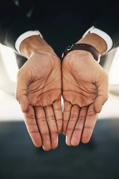 Accepting Open Hands Businessman Standing His Hands Opened —  Fotos de Stock