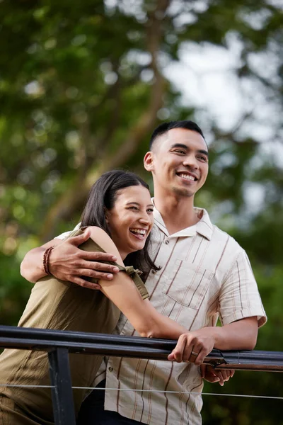 Stylish Loving Carefree Couple Bonding Hugging Showing Affection Park Happy — Stockfoto