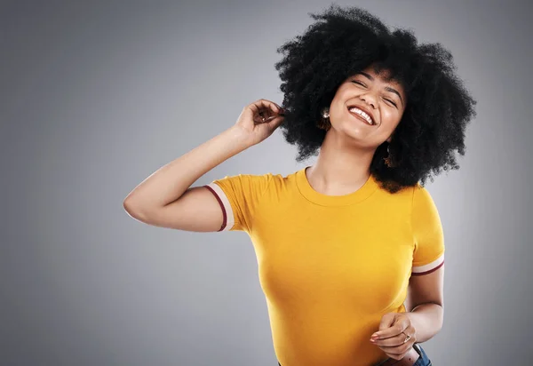 Afro Here Show Studio Shot Attractive Young Woman Posing Grey — Foto Stock