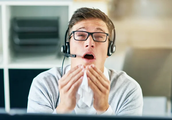 All Sneezing Keeping Succeeding Young Call Centre Agent Sneezing While — Stockfoto