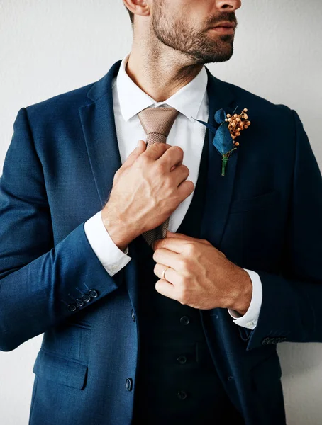 Suit Fits Perfectly Cropped Studio Shot Stylish Young Groom Gray —  Fotos de Stock