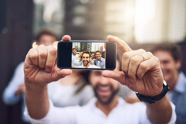 Everyone Get Picture Portrait Group Cheerful Young Work Colleagues Taking — Fotografia de Stock