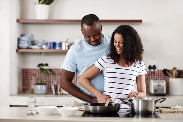 Home Love Young Married Couple Cooking Together Kitchen Home – stockfoto