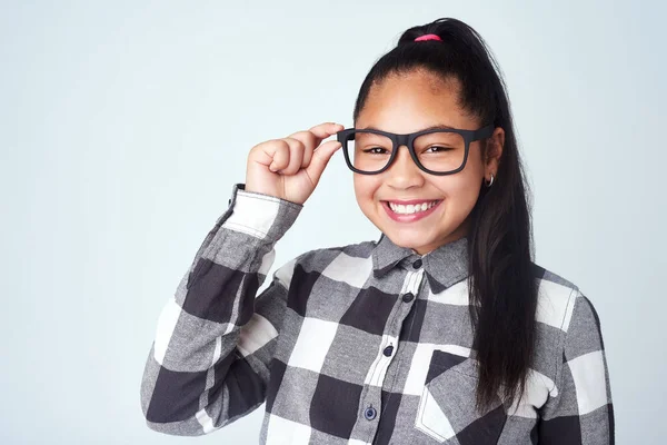 See Something Makes Smile Studio Portrait Cute Confident Young Girl — 图库照片