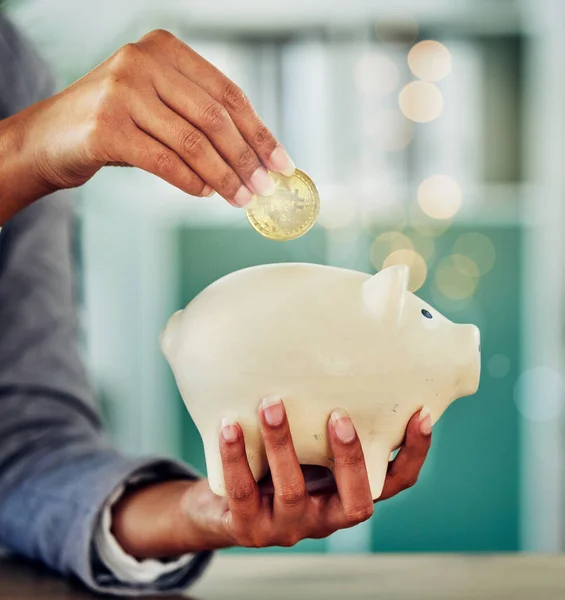 Savings Investment Woman Putting Coin Piggybank Financial Growth Freedom Closeup — Foto de Stock