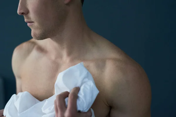 Comfortable His Skin Studio Shot Shirtless Young Man Posing White — ストック写真