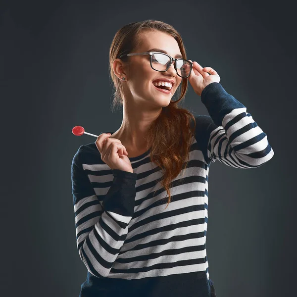Smart Cute Studio Shot Cheerful Young Woman Wearing Glasses Holding — Stock Fotó