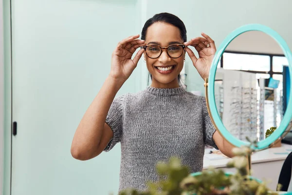 Woman Wearing Pair Trendy Glasses Stylish Spectacles New Prescription Lenses —  Fotos de Stock