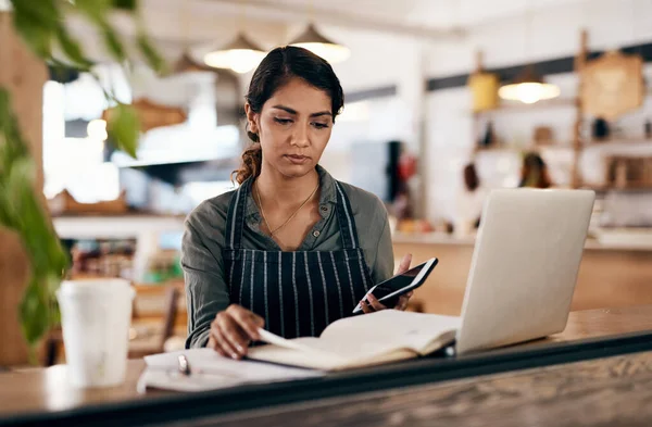 Cafe Owner Laptop Phone Book Checking Online Order Searching Available — Foto de Stock