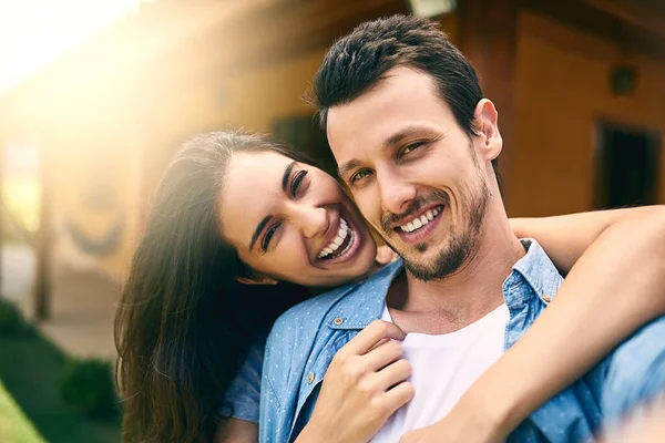 Found Love Cropped Portrait Affectionate Young Couple Standing House Background — Stock fotografie