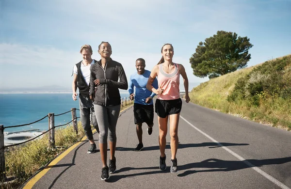 Know Benefits Regular Exercise Group People Out Running Together — Stok fotoğraf