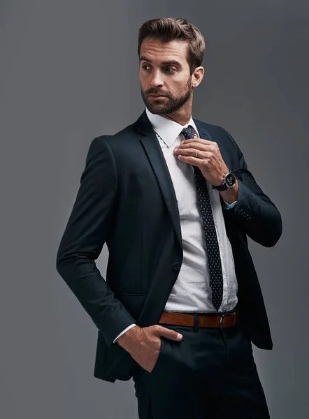 Classiest Man Room Studio Shot Handsome Young Businessman Posing Grey — 图库照片