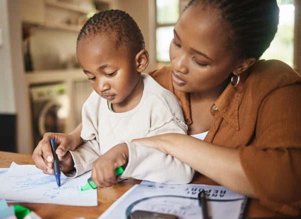African Mother Small Child Drawing Together Desk Home Caring Working — Stok fotoğraf