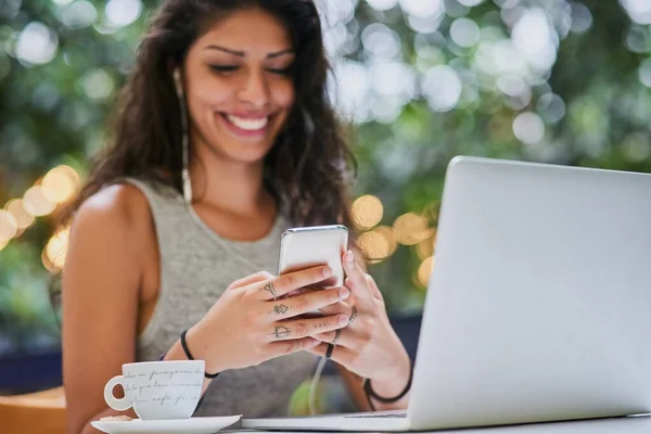 Happiest Shes Connected Young Woman Using Cellphone Laptop Cafe — Stockfoto