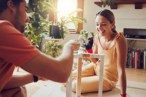 Diy Home Improvement Fun Couple Painting Table Doing Chores Together — Fotografia de Stock