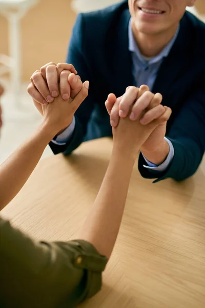 Touch Key Human Connection Businessman Businesswoman Compassionately Holding Hands Table — Fotografia de Stock