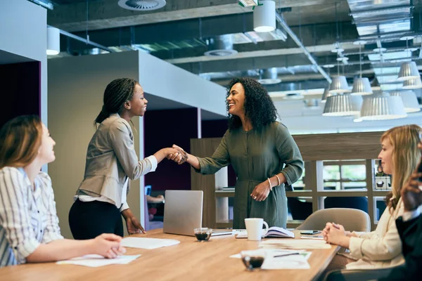 This is the start of a beautiful business partnership. two young businesswomen shaking hands after a successful business meeting in the office at work during the day