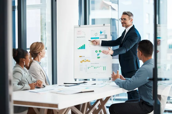 Business Presentation Strategy Meeting Corporate Man Showing Finance Data Team — Foto de Stock