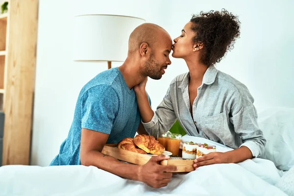 Spoils His Love Affectionate Young Couple Having Breakfast Bed — Photo