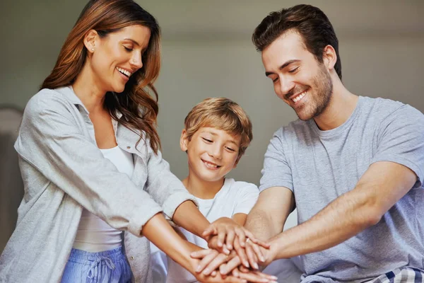 Today Work Team Cheerful Young Family Forming Huddle Hands While — Stockfoto