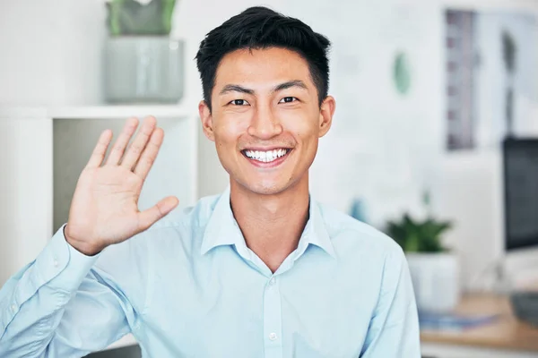 Happy Business Man Greeting Waving Saying Hello Hand Gesture While — Stockfoto