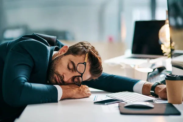 One Hard Working Guy Tired Young Businessman Sleeping His Desk — Foto Stock
