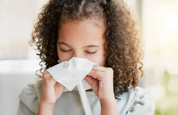 Sick Cleaning Nose Tissue Tired Girl Kid Suffering Flu Virus — Zdjęcie stockowe